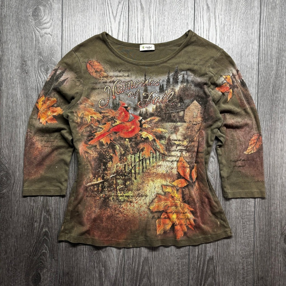 Cactus Memories of Fall Cardinal Graphic Top Olive Green Y2K Large 3/4 Sleeve